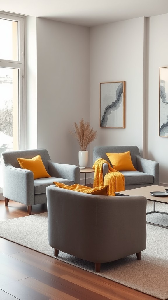 Use Gray Upholstered Armchairs with Yellow Details