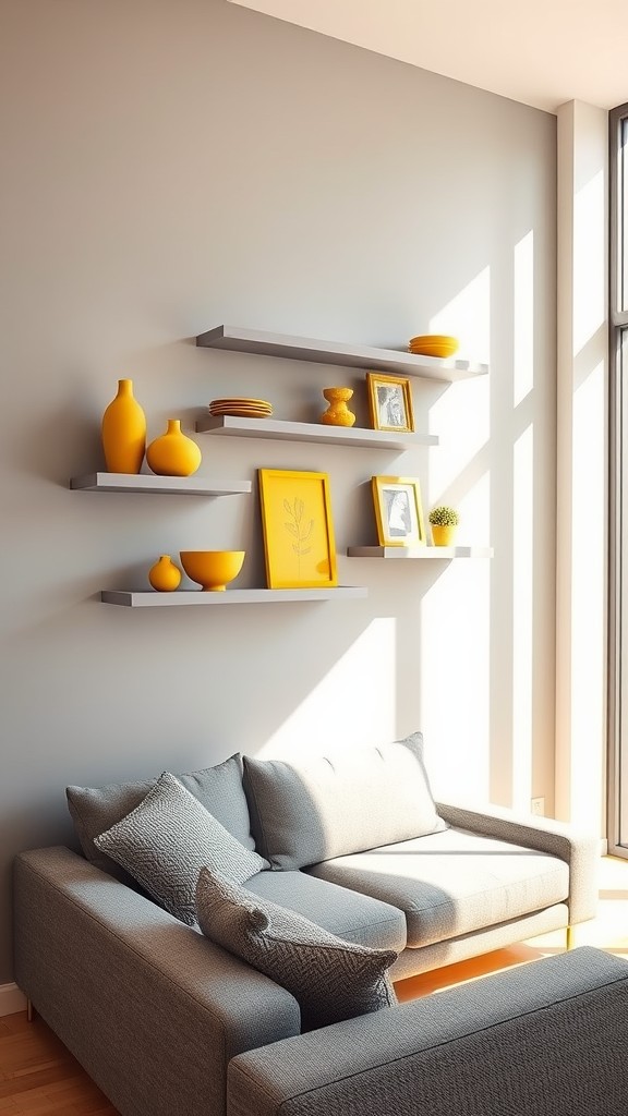 Use Gray Wall Shelves with Yellow Decor Items