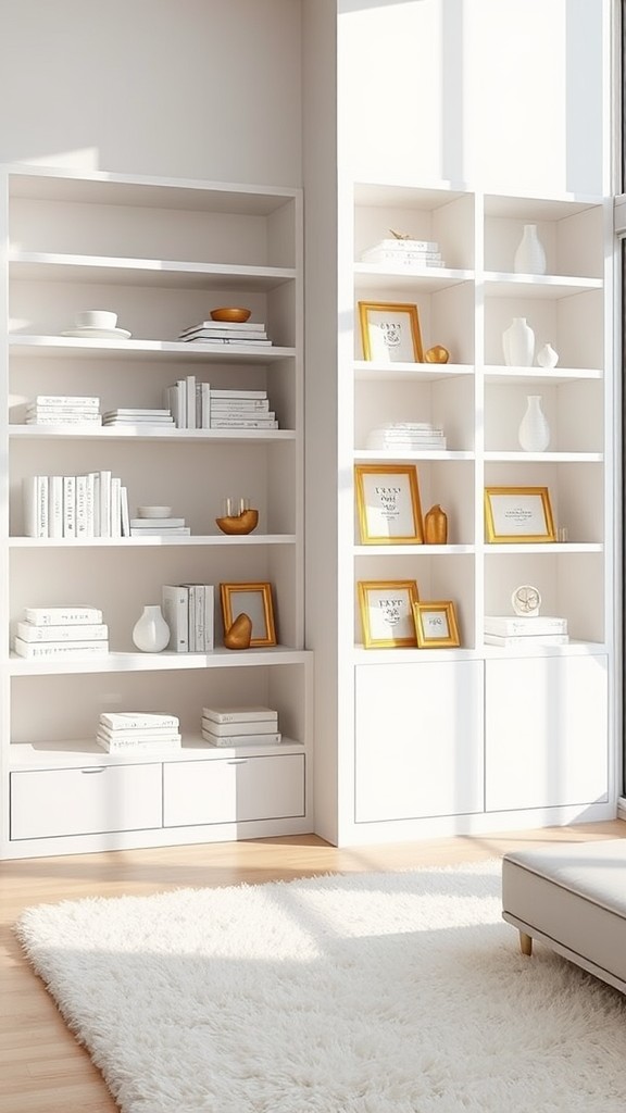 White and Gold Themed Bookshelves