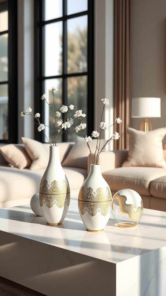 White Ceramic Vases with Gold Detailing