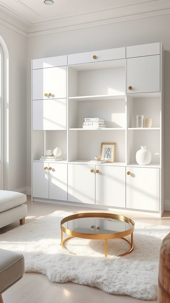 White Shelving Units with Gold Hardware