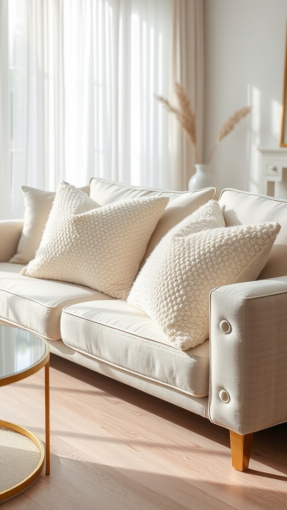 White Textured Throw Pillows with Gold Accents