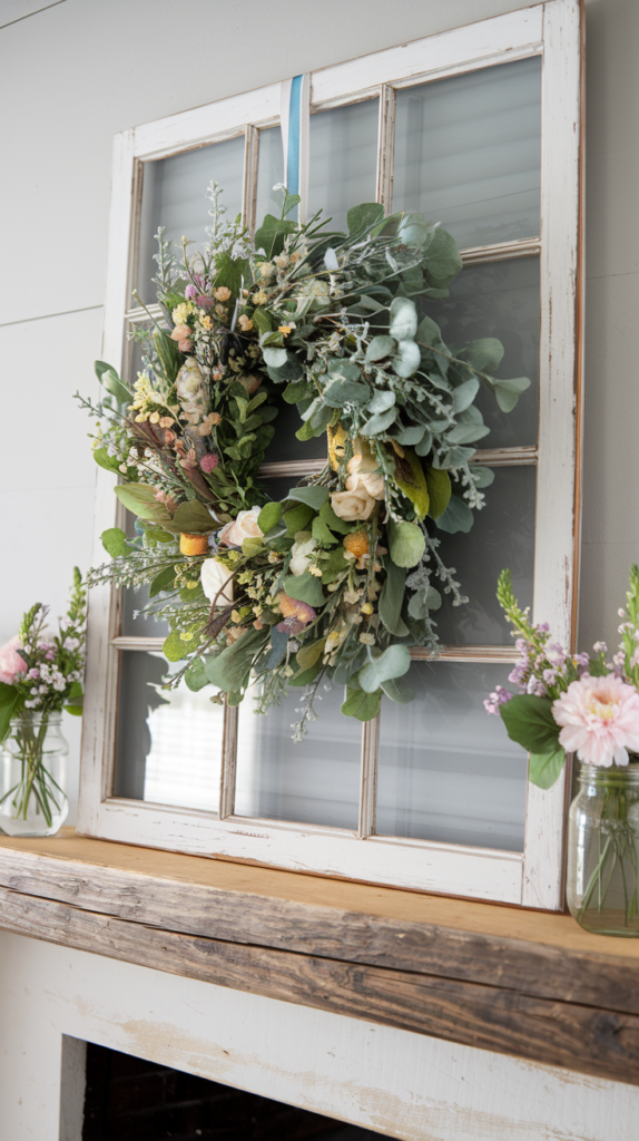 Rustic Window Frame with Spring Wreath