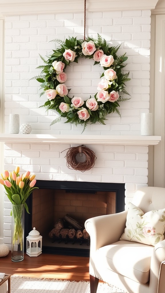 Spring Wreath Above Fireplace