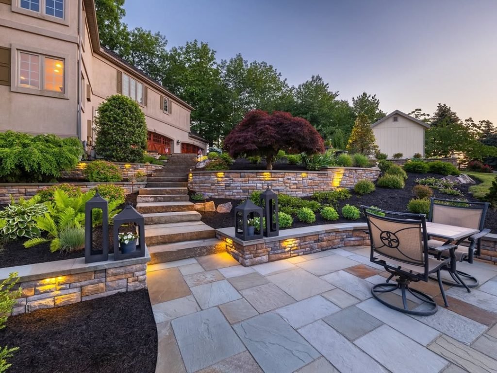 Elegant Stone Terrace Lighting