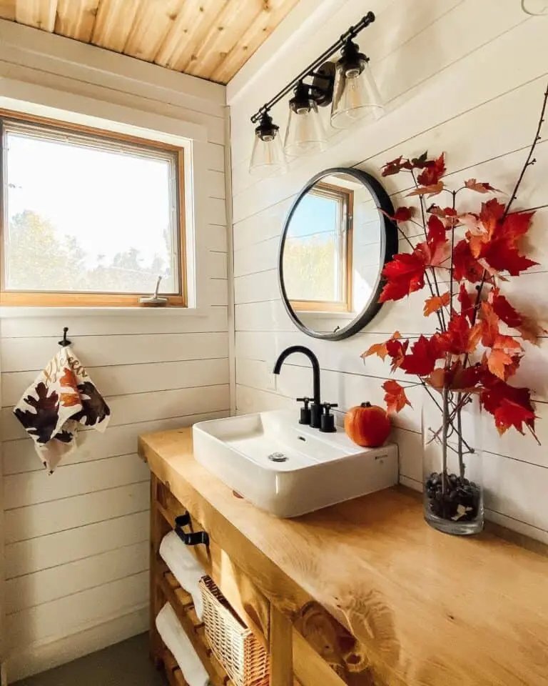 Cream Shiplap with Red Leaves