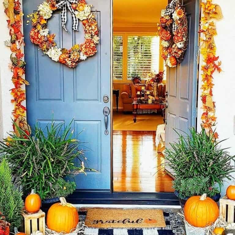 Fall Decor on Blue Doors