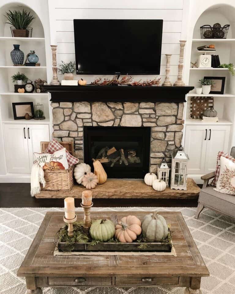 Rustic Table by Stone Fireplace