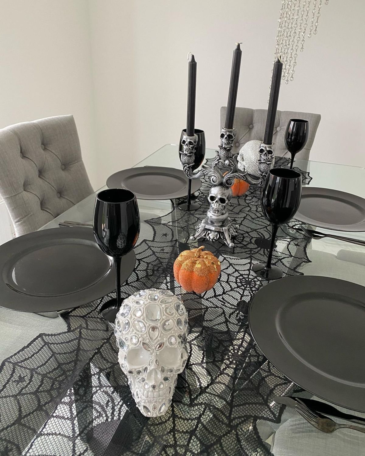 Spider Web Table Runner and Skull Decorations