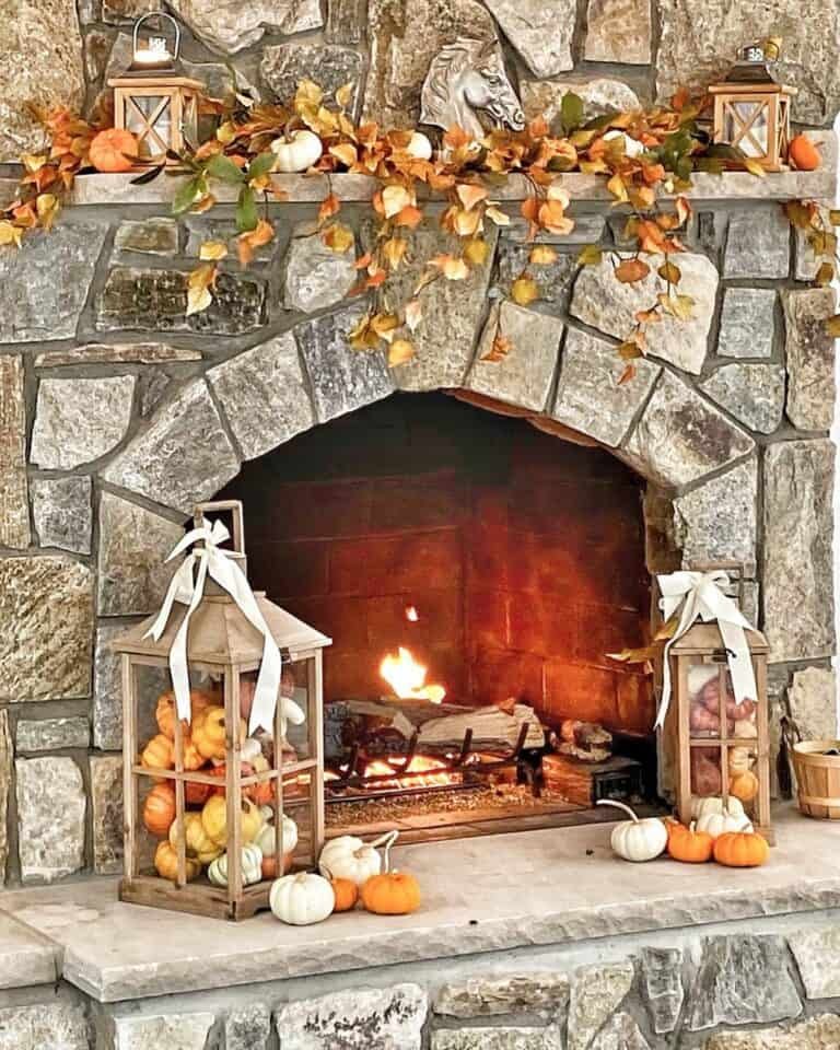 Stone Fireplace Fall Decor
