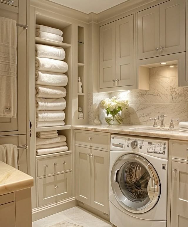Towel Storage in Cream Cabinet