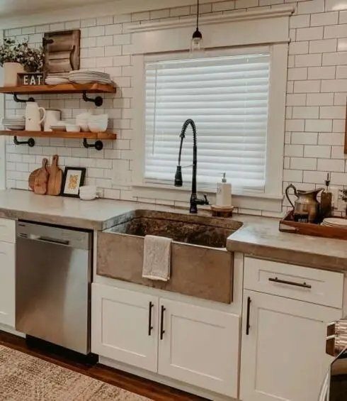 White Tile Kitchen with Shelves