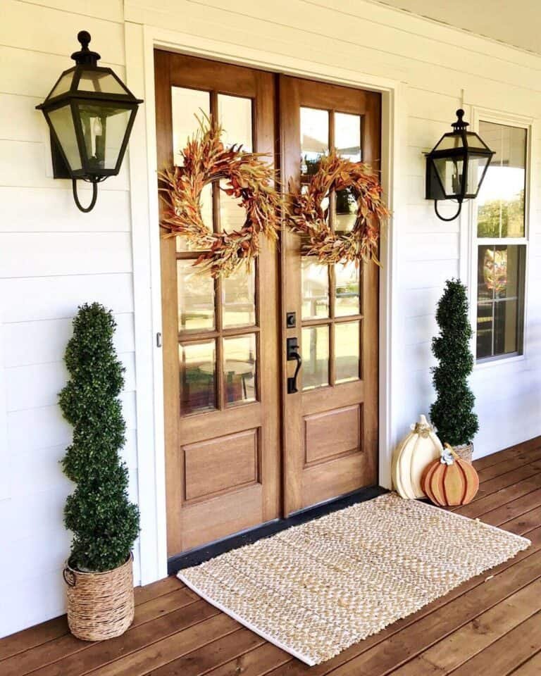 Wood Doors with Fall Wreaths