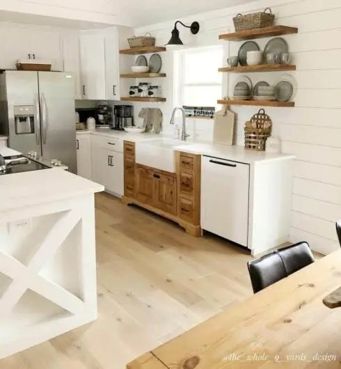 Wood Shelves in White Kitchen