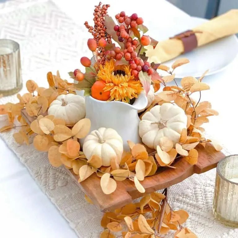 Wood Tray with Dried Leaves