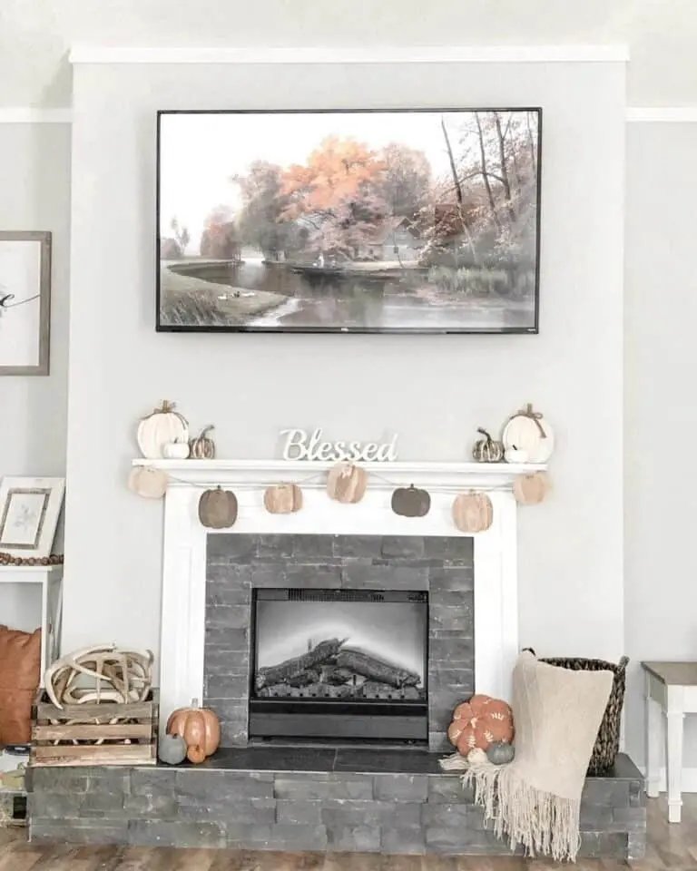 Wooden Pumpkins on Fireplace