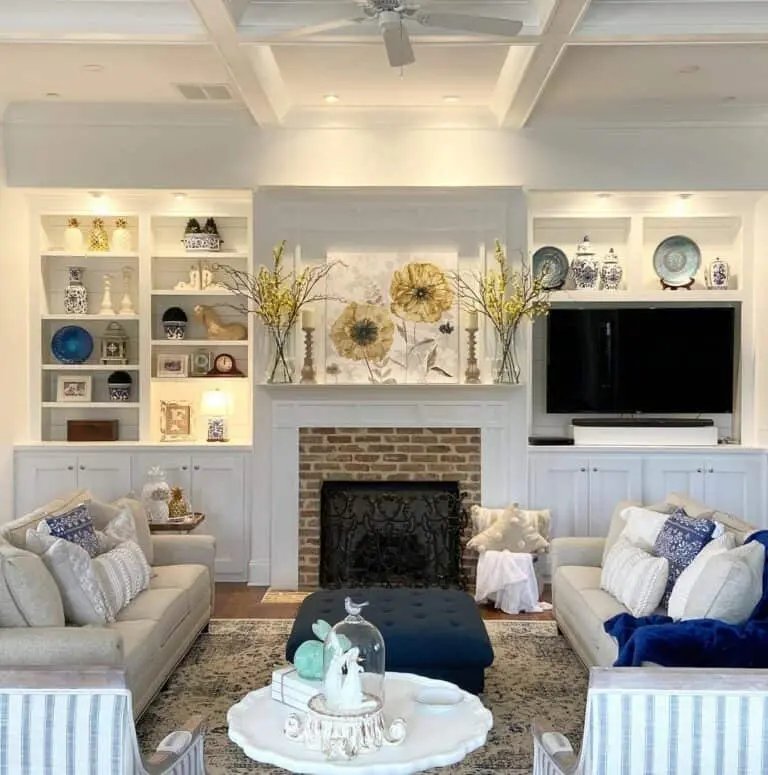 Yellow Decor for Brick Fireplace