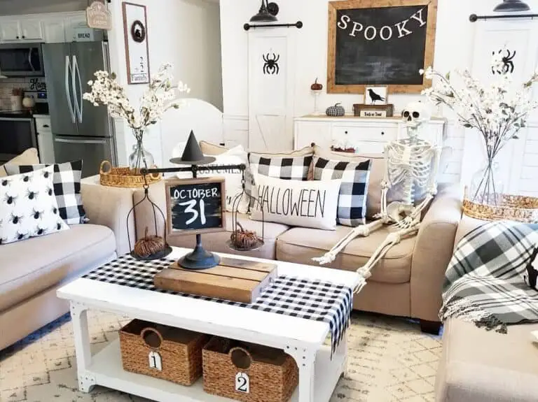 Beige Sofa with Plaid Pillows