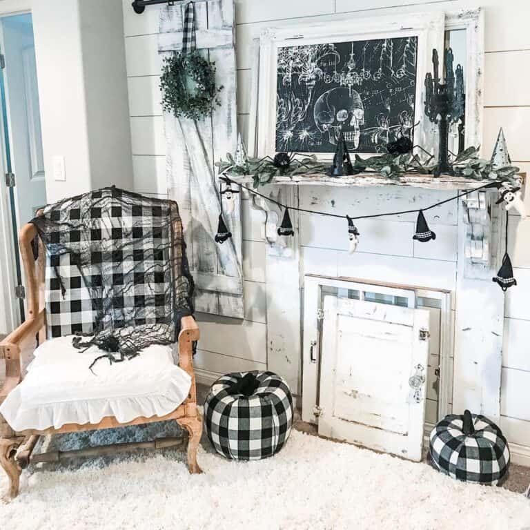 Black Halloween Decor on Shiplap
