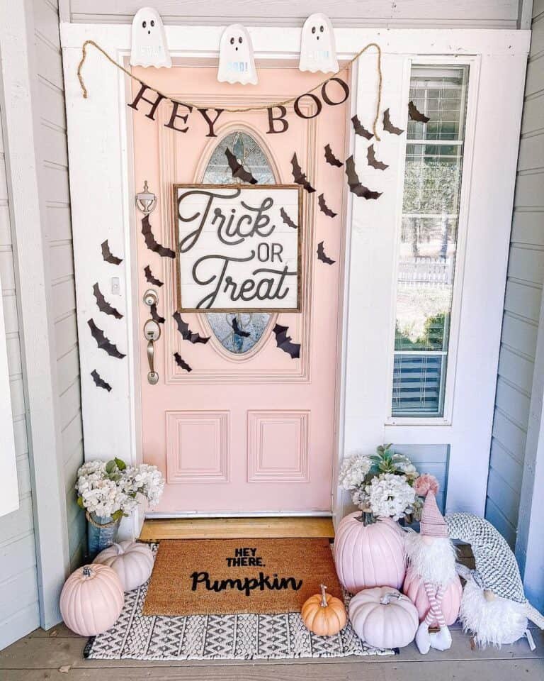 Halloween Decor on Pink Door