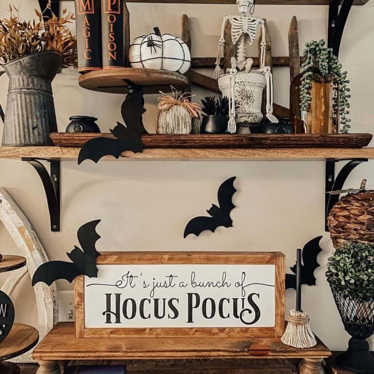 Halloween Decor on Wooden Shelves