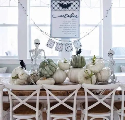 White Pumpkins and Skeleton Decor