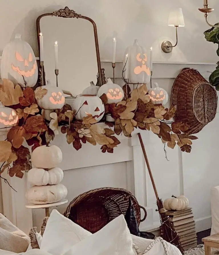 White Pumpkins on Fireplace
