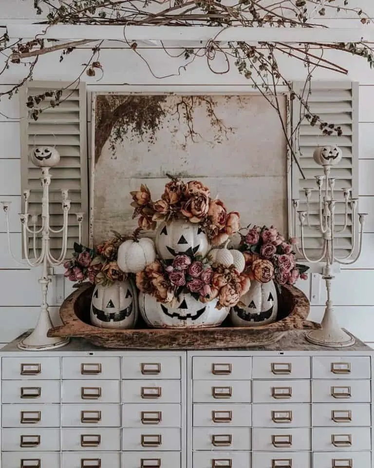 White Pumpkins with Dried Roses