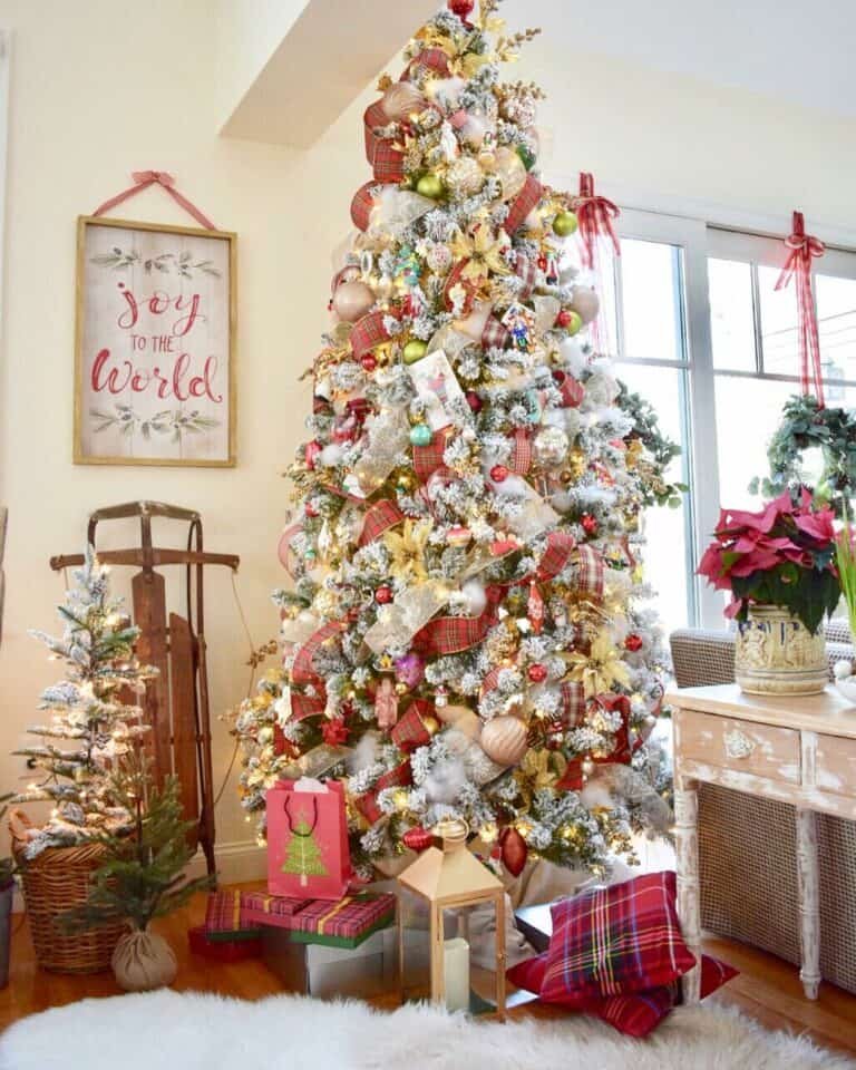 Flocked Tree Gold Ornaments