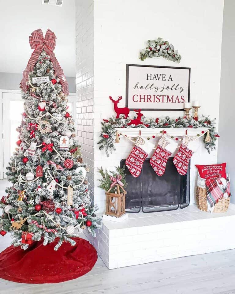 Red Skirt White Fireplace