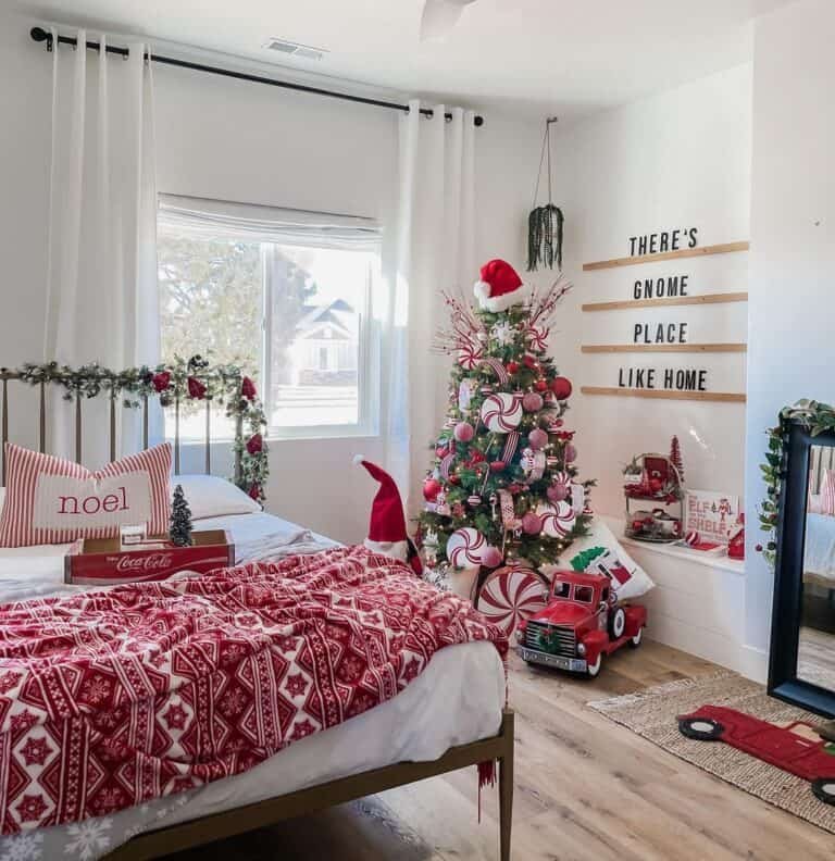 White Bedspread Red Accents