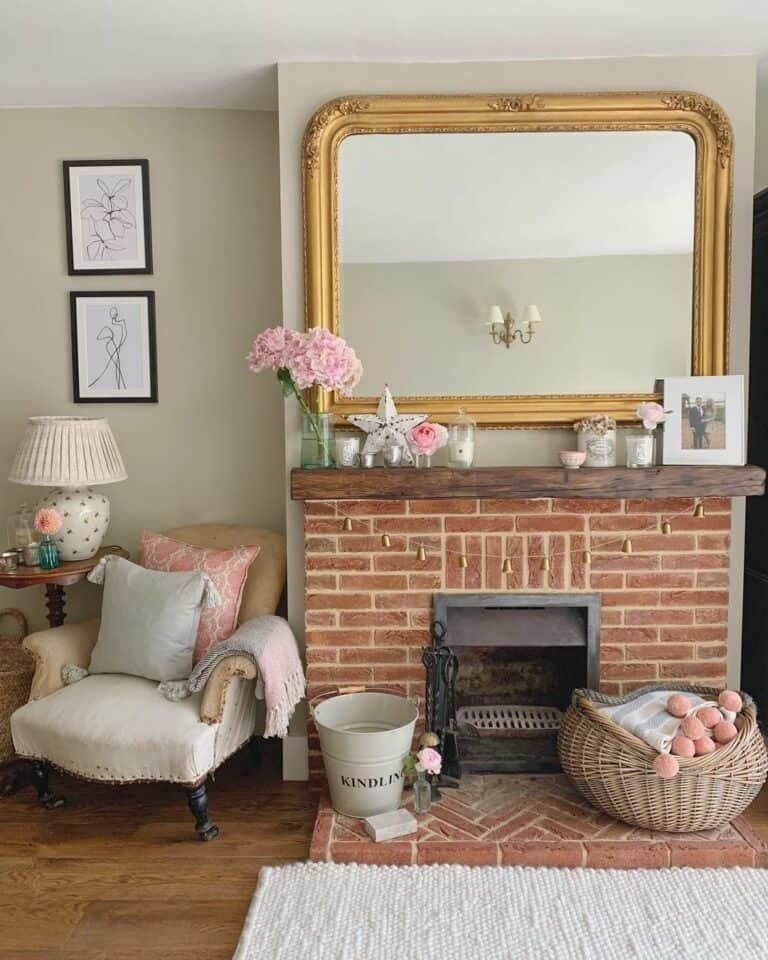 Brick Fireplace, Brass Mirror