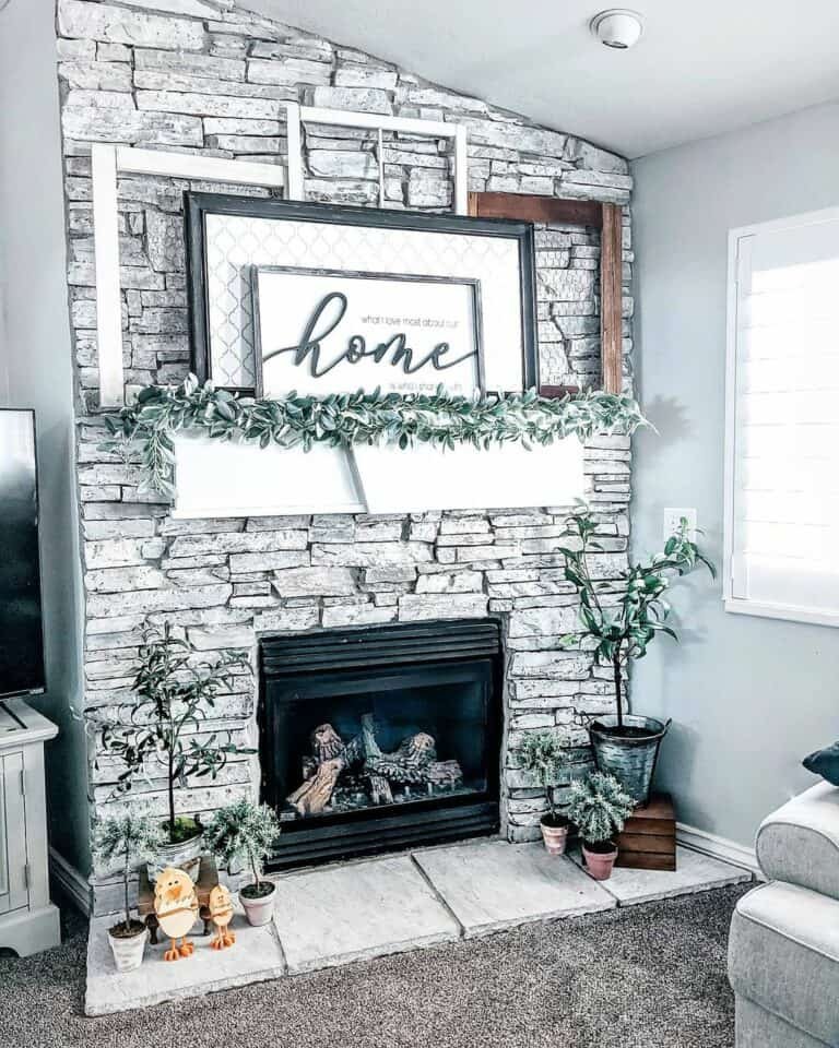 Gray Stone Mantel Greenery