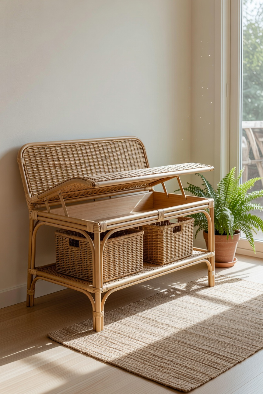Lightweight Rattan Bench With Storage