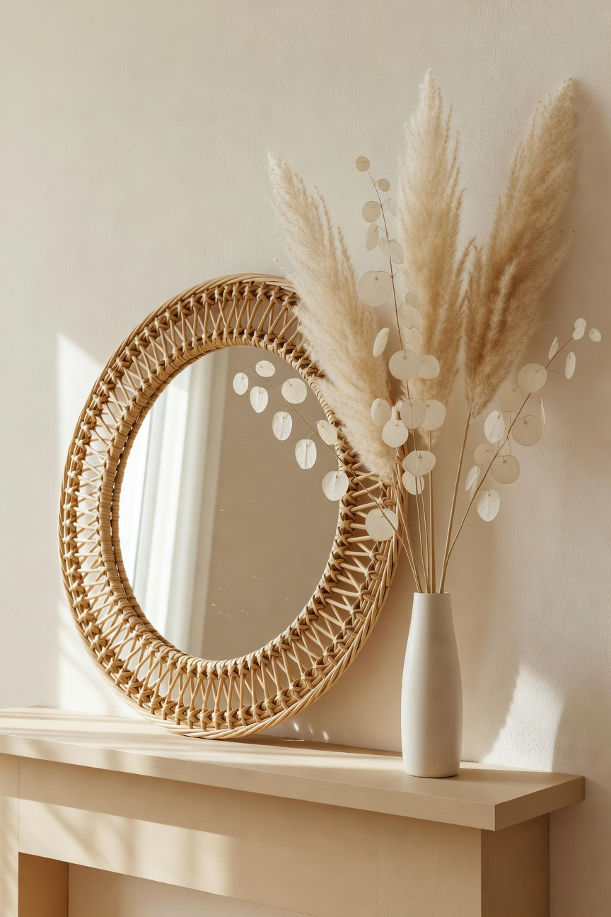 Rattan Mirrors and Dried Grasses