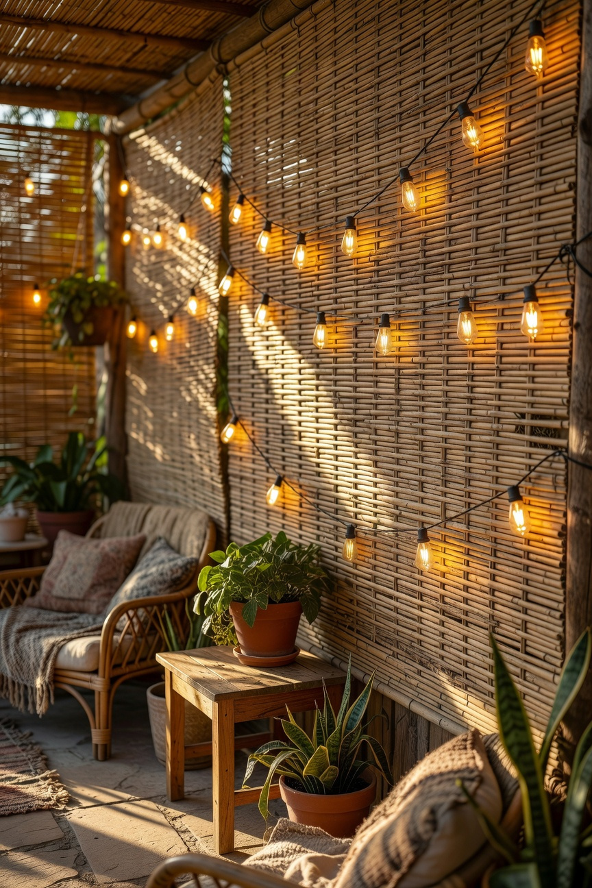 String Lights Through Bamboo Screens