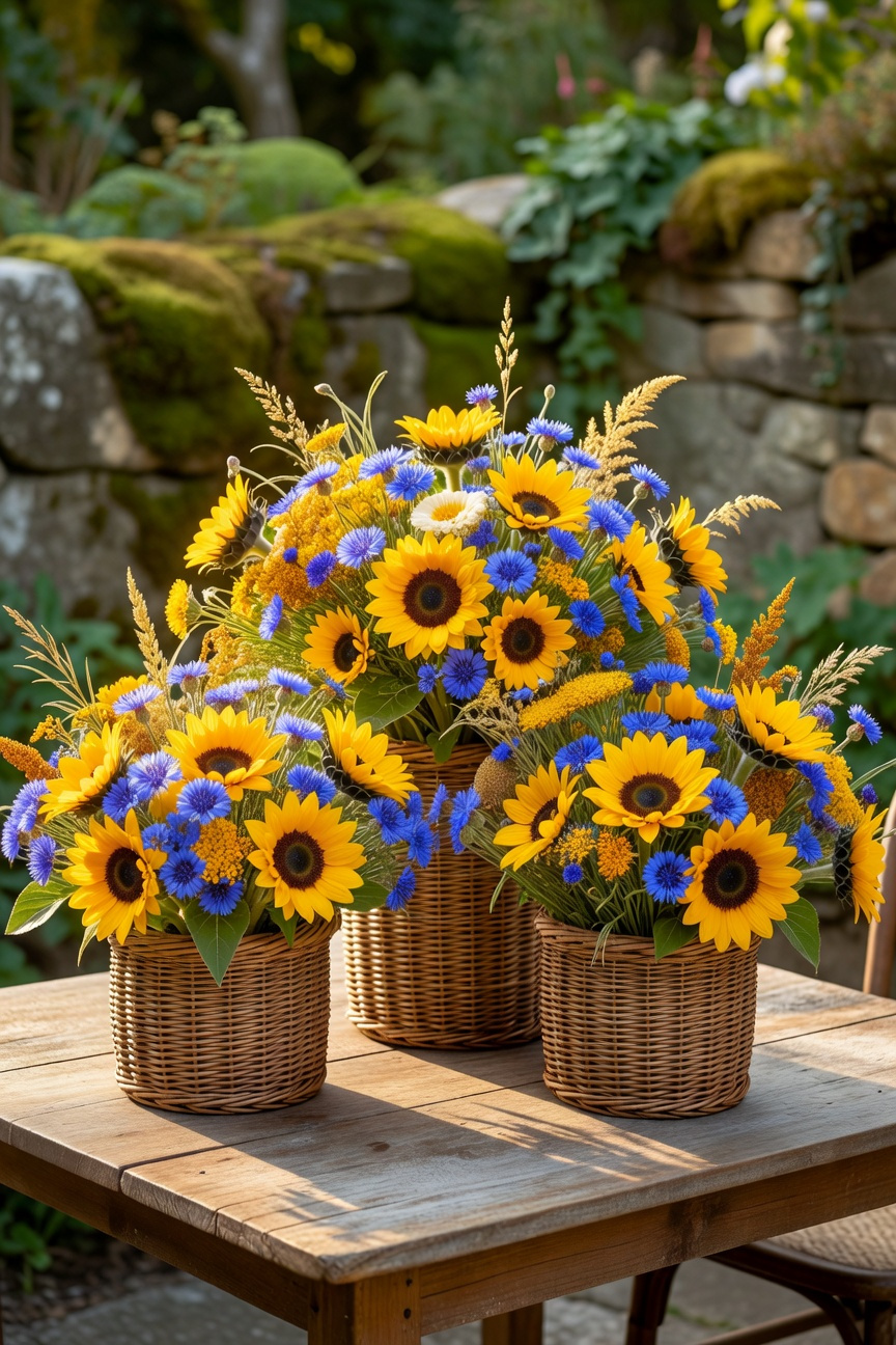 Wildflower Arrangements In Woven Baskets