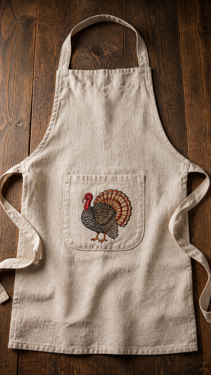 Linen Apron with Embroidered Turkey