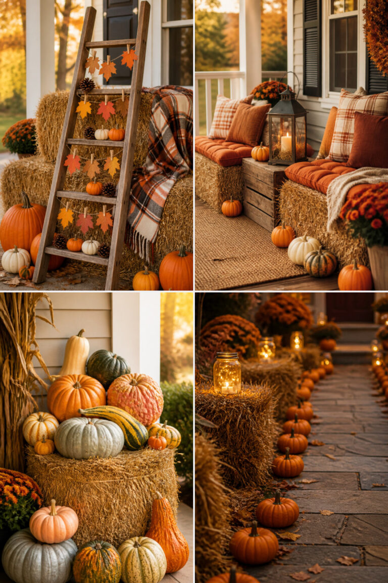 15 Hay Bale and Pumpkin Porch Ideas for a Cozy Thanksgiving Entrance