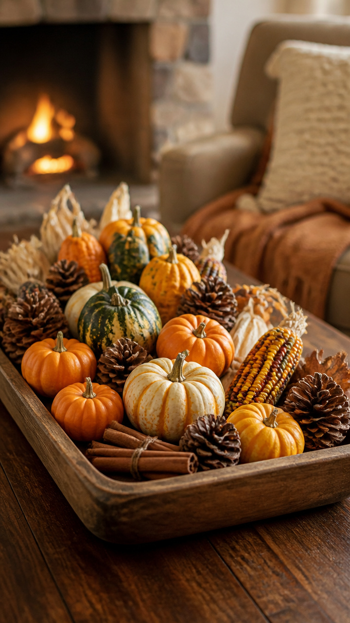 A Centerpiece of Mini Pumpkins and Gourds