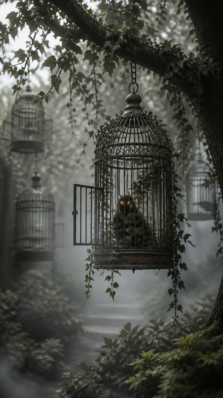 Abandoned Birdcage Ensemble in Morning-Like Fog