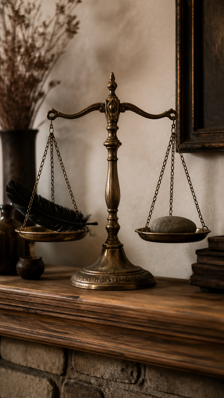 Antique Brass Scales with Feathers and Stones