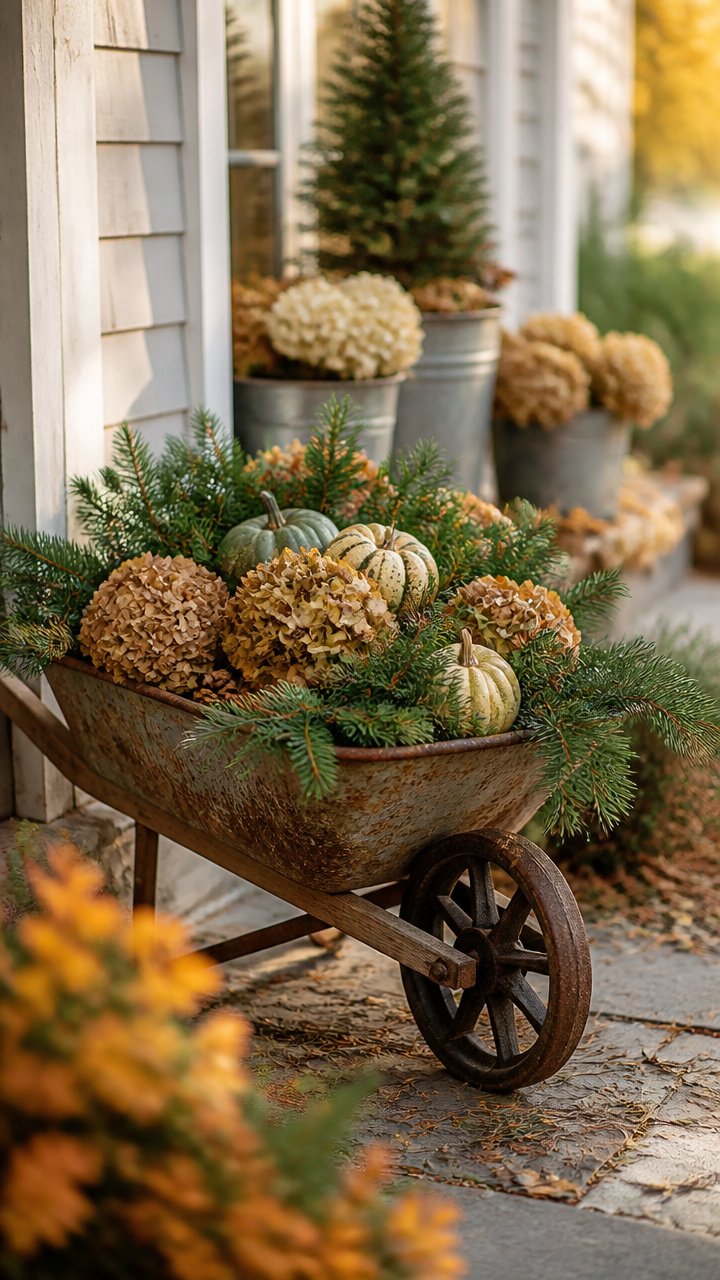 Antique Wheelbarrow Overflowing with Seasonal Greens