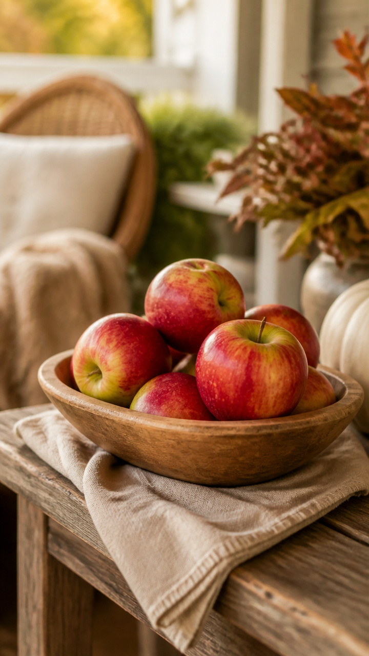 Apple-Filled Wooden Bowls as Table Accents