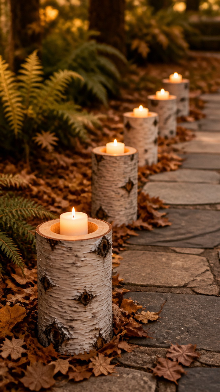 Birch Log Candle Holders Along the Path