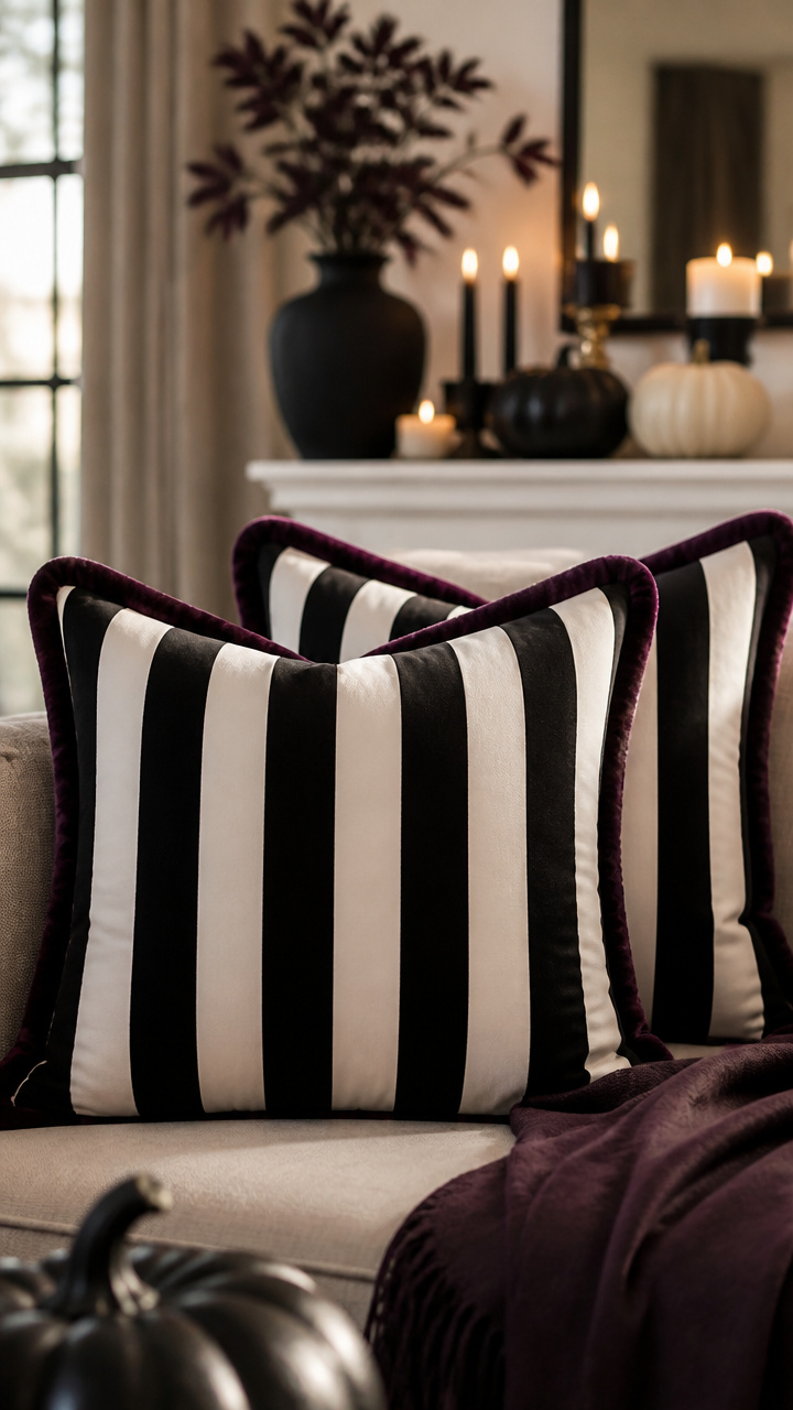 Black and White Striped Pillows with Velvet Trim
