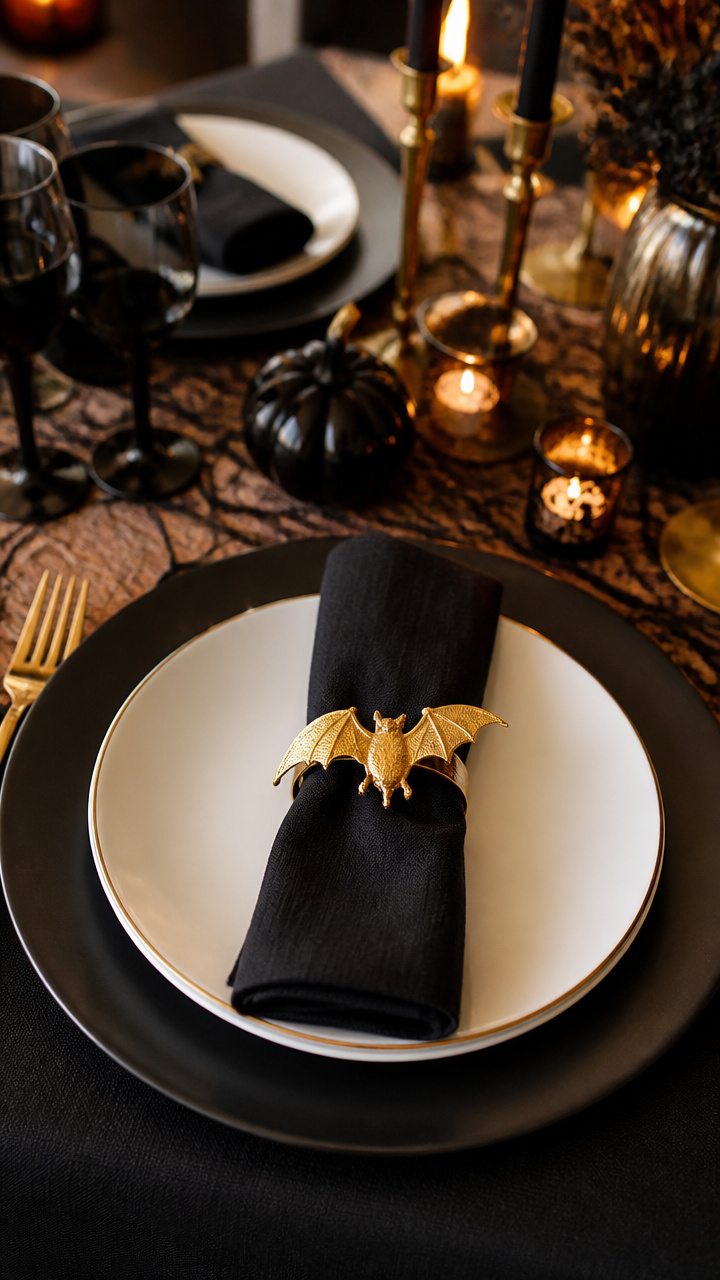 Black Charger Plates with Gold Napkin Rings