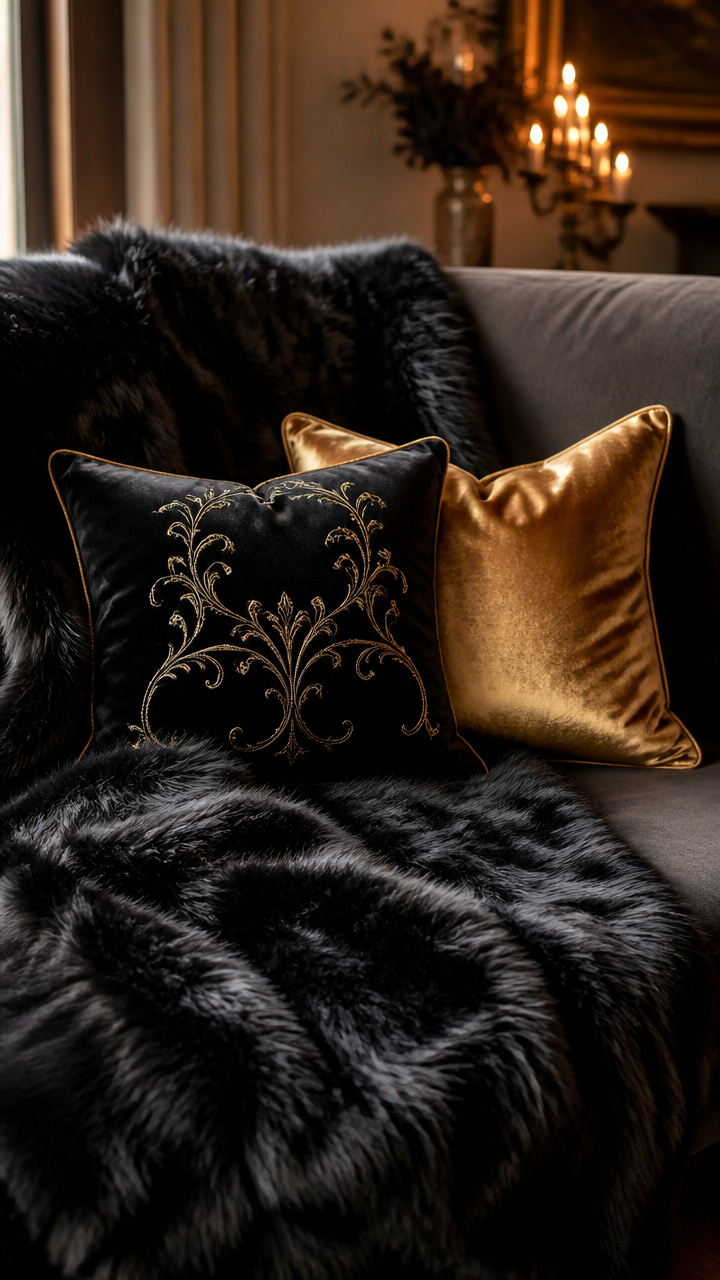 Black Faux Fur Throw with Gold Pillow Accents
