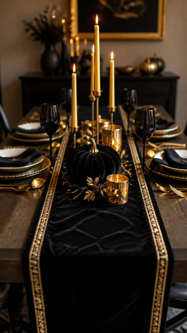 Black Velvet Table Runner with Gold Accents