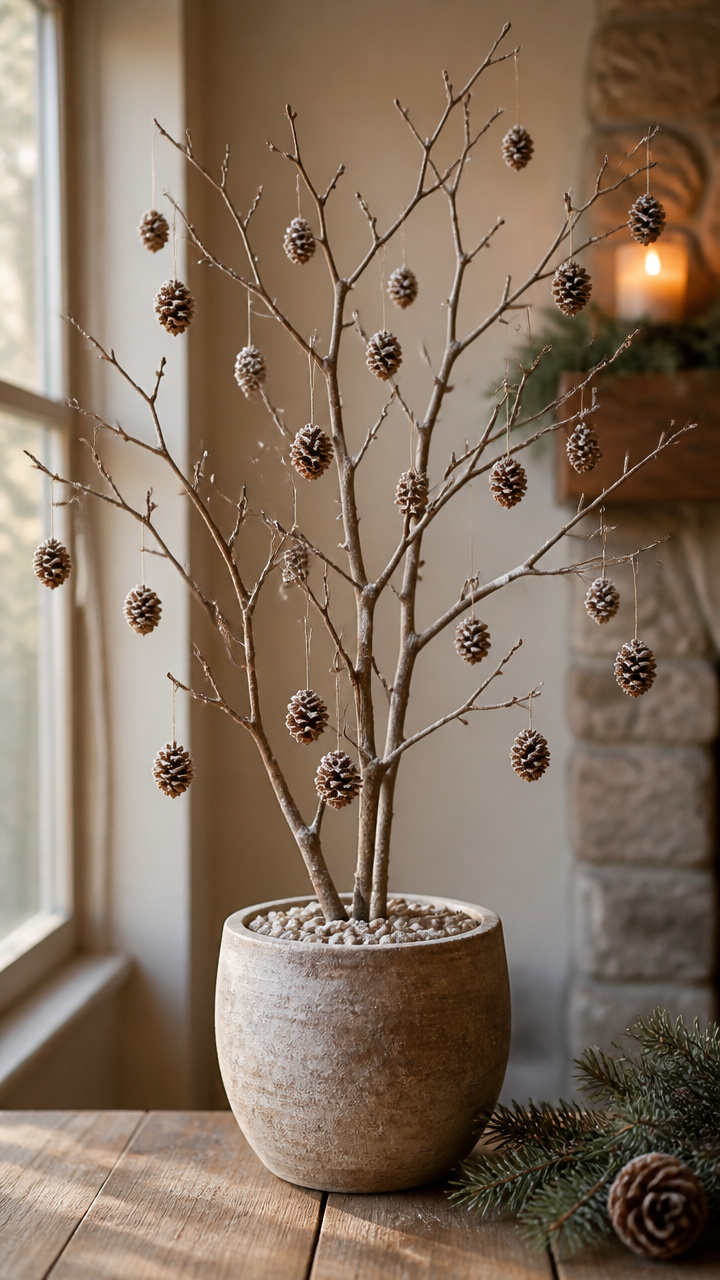 Branch Tree with Mini Pinecone Ornaments